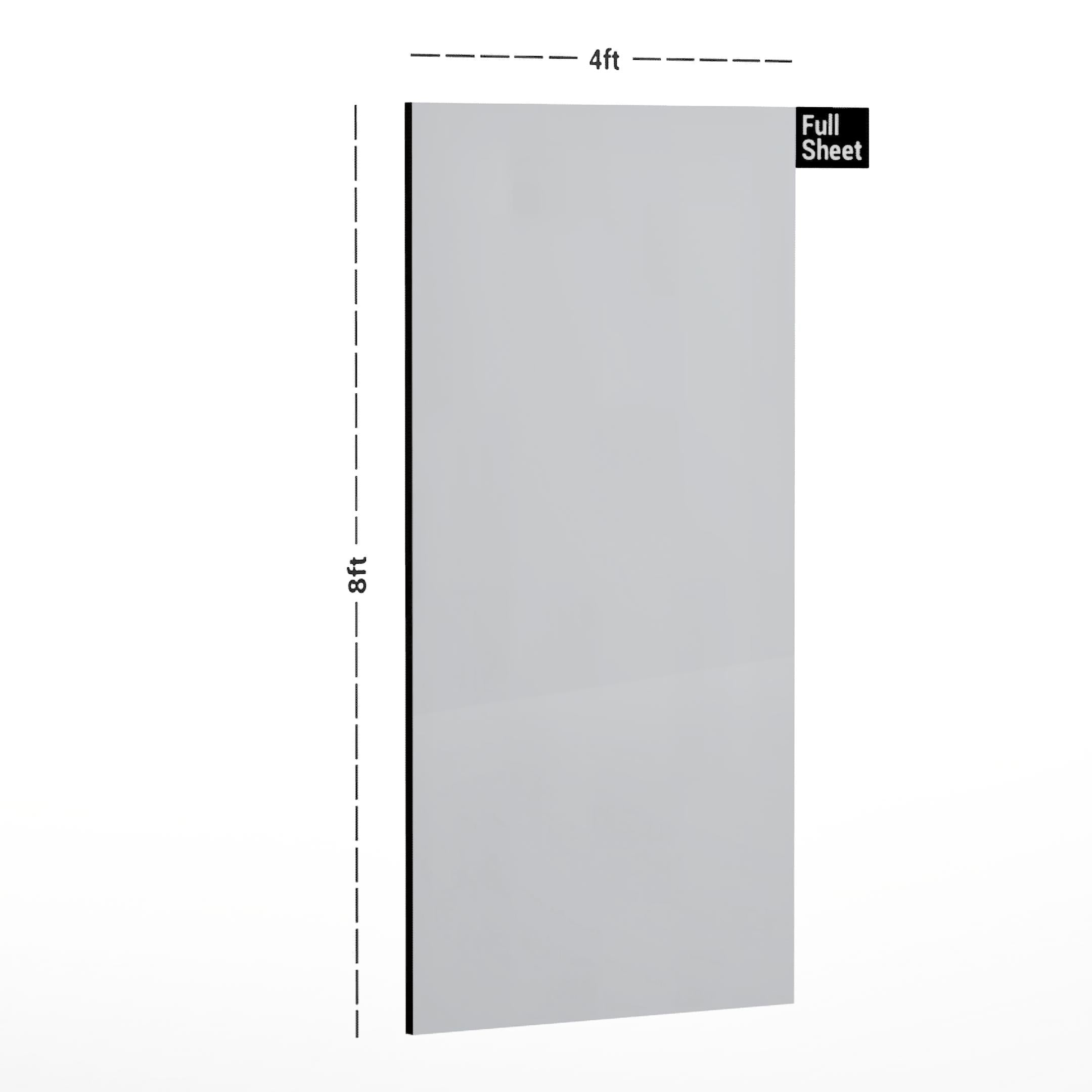 White plain laminate sheet with suede finish, 8x4 ft size, illustrated with dimensions and labeled Full Sheet.