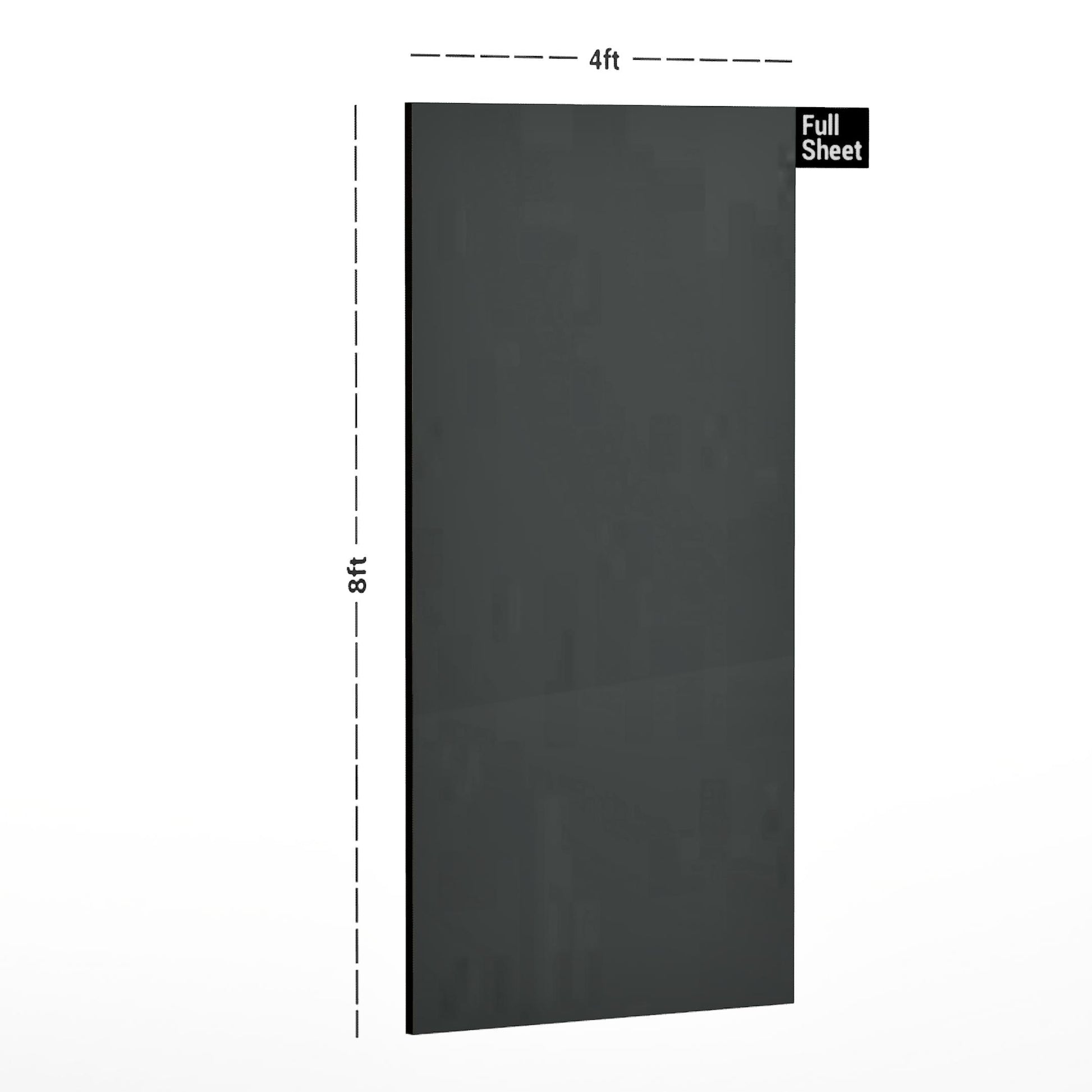 Grey high gloss plain laminate sheet with dimensions 8x4 ft displayed against white background with size indicators.
