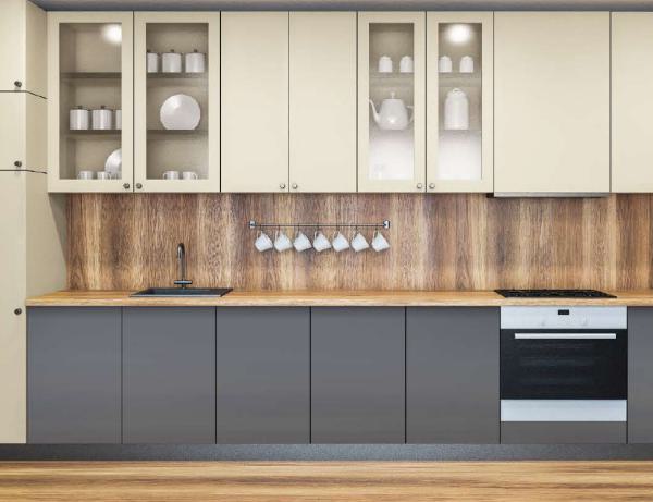 Grey laminate kitchen cabinets and backsplash with glossy finish and wooden countertop in modern kitchen interior design