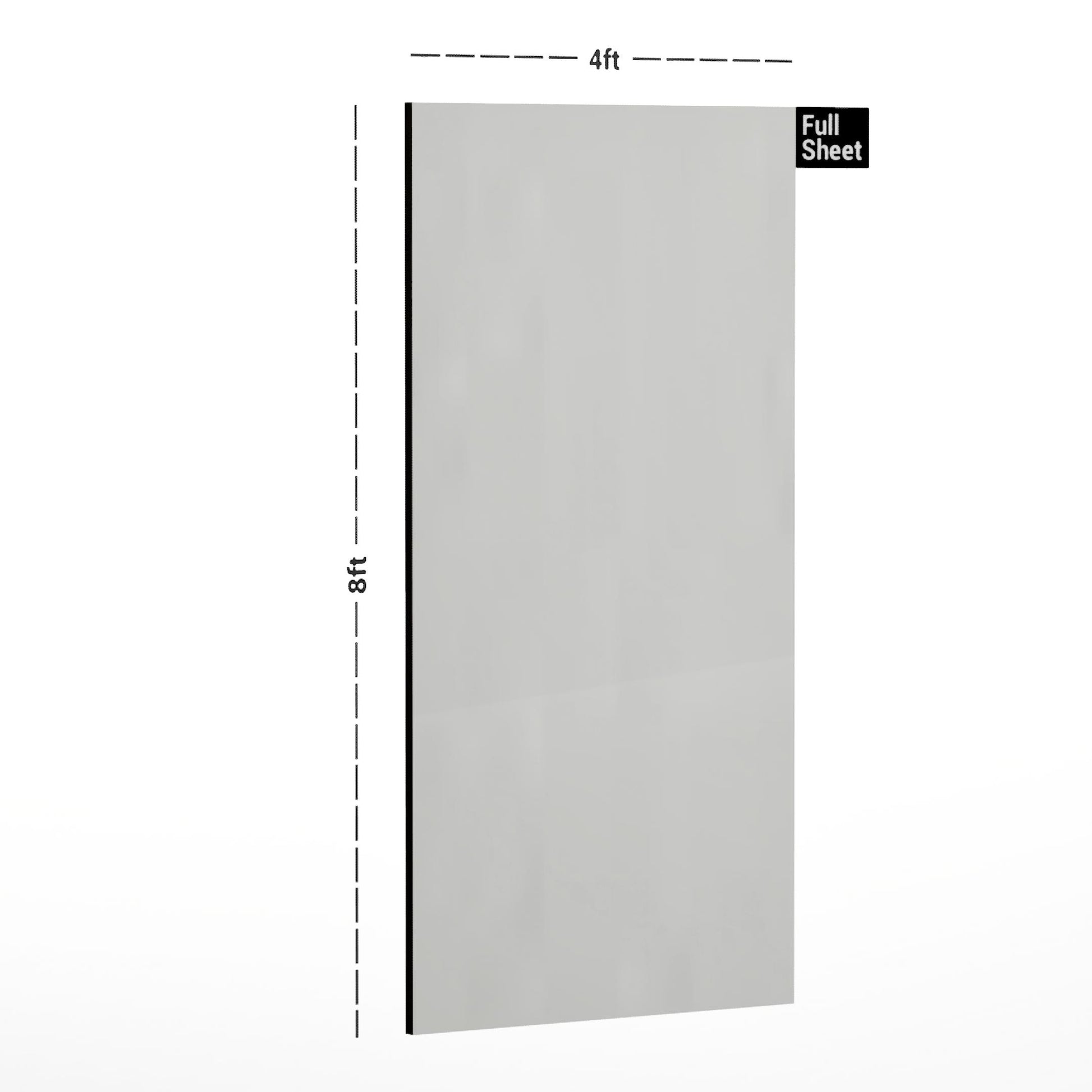 Milky white plain laminate sheet with suede finish, 8x4 ft size, shown with dimensions and full sheet label.