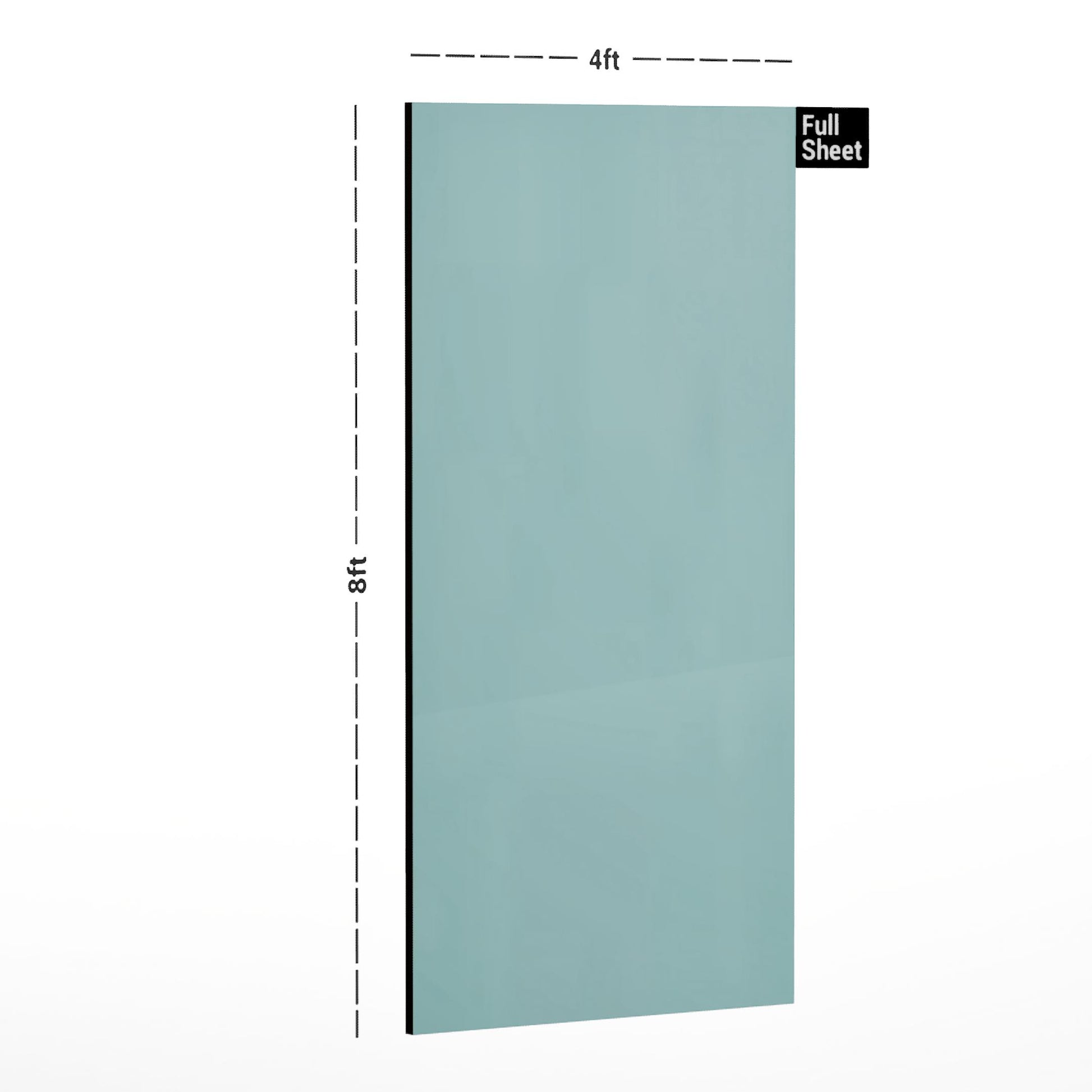 Green plain laminate sheet with suede finish, 8x4 ft size, shown with dimensions and full sheet label.