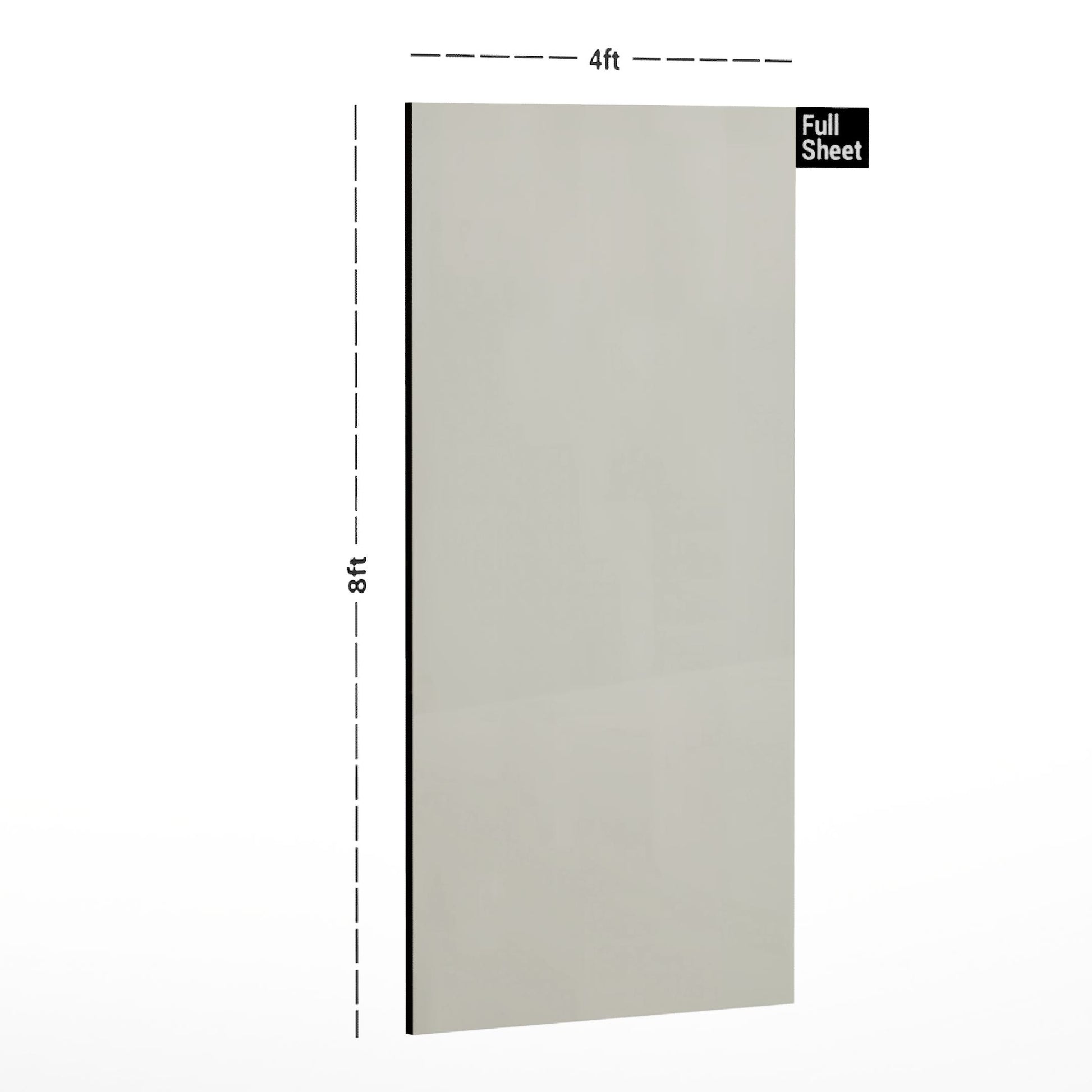 White plain laminate sheet with suede finish, 8x4 ft size, shown with dimensions.