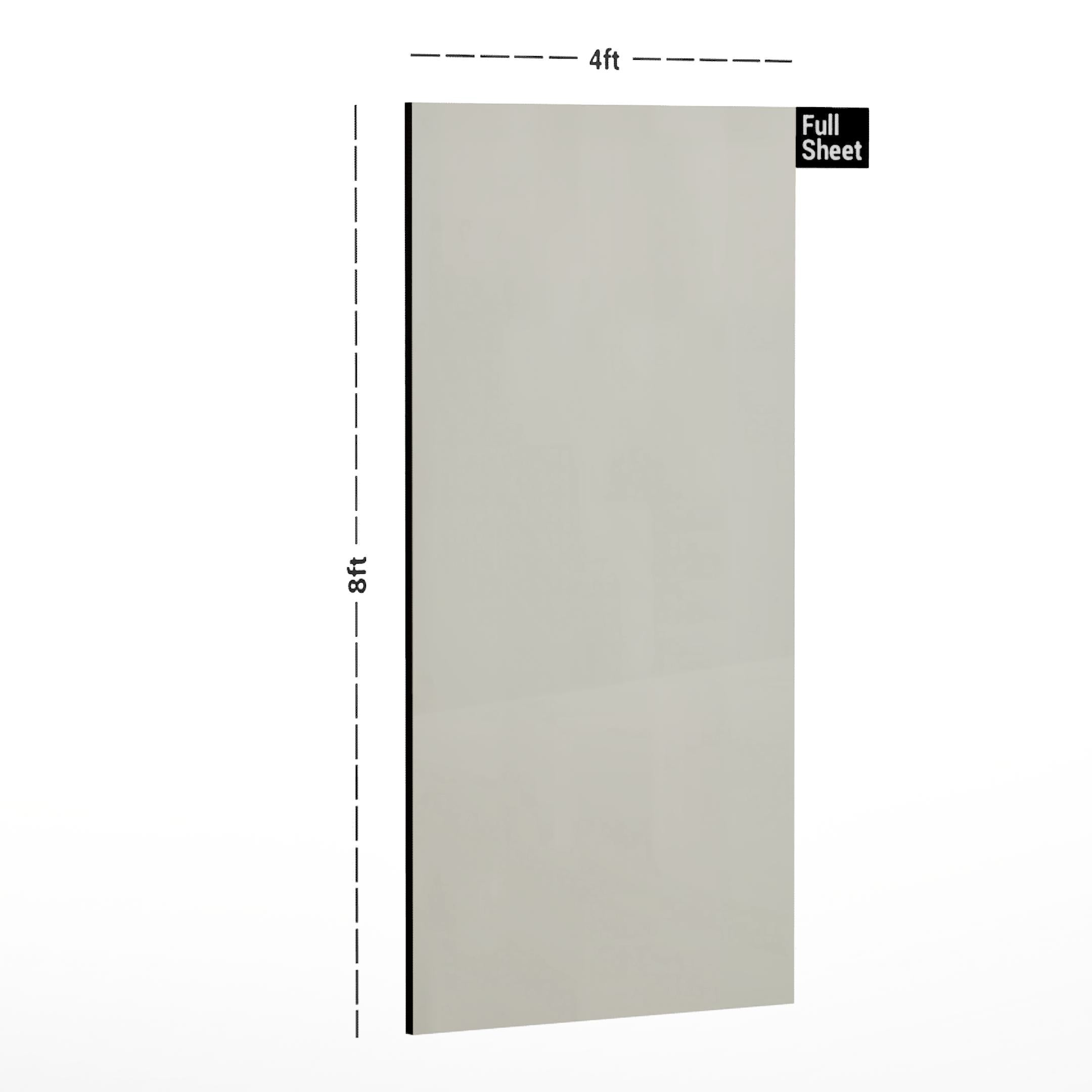 White plain laminate sheet with suede finish, 8x4 ft size, shown with dimensions.