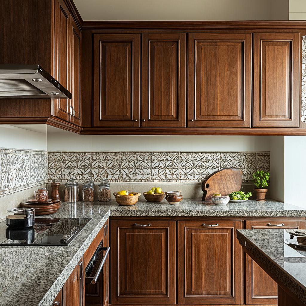 Brown wood laminate kitchen cabinets with textured finish and wood grain pattern, used in modern kitchen design.