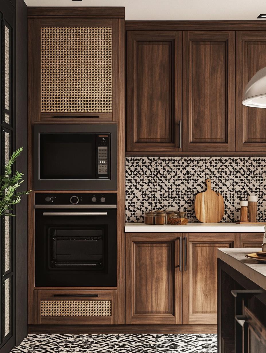 Brown wood laminate kitchen cabinets with textured finish and wood grain pattern, showcasing interior design application.