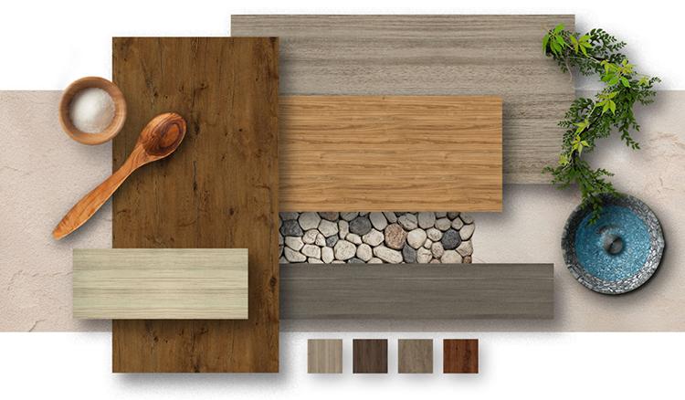 Brown wood grain laminate with textured finish and visible wood pattern, showcasing various interior design materials and