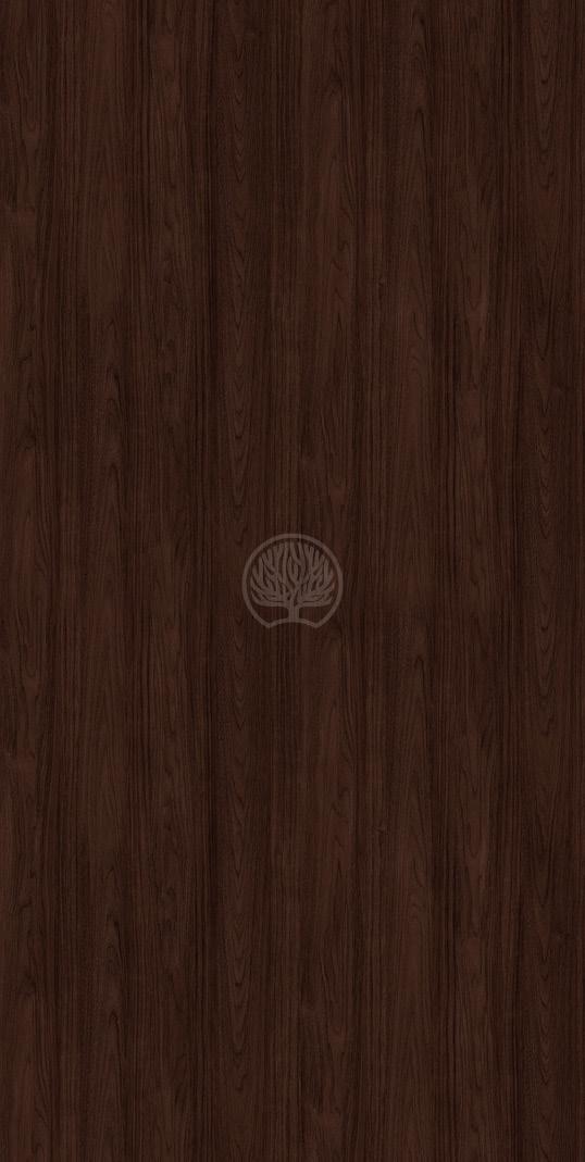 Brown wood grain laminate with textured finish and tree logo overlay, showing wood pattern details and subtle texture