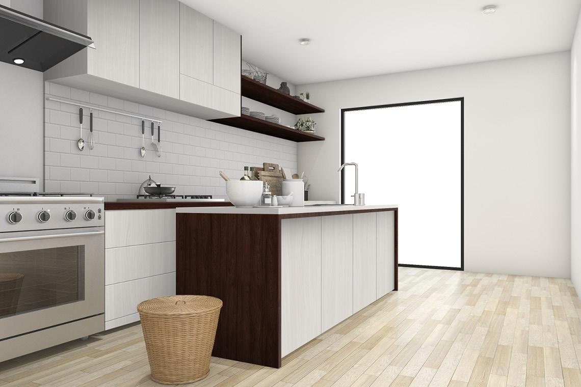Brown wood laminate with textured finish and wood grain pattern, used on kitchen cabinets and island