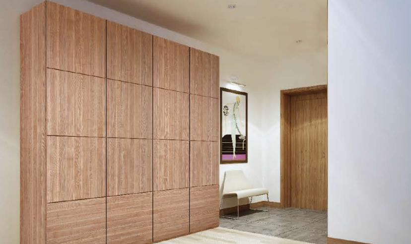 Brown wood grain laminate with textured finish on wall panels showing visible wood pattern and grain details