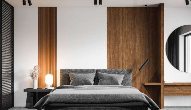 Brown wood laminate with wood grain texture and suede finish used on bedroom wall and furniture for modern interior design