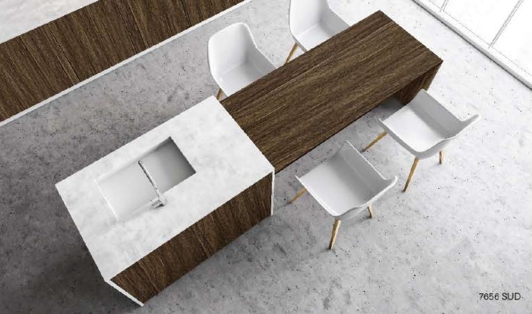 Brown wood laminate with wood grain texture and suede finish used in modern kitchen counter and table top design