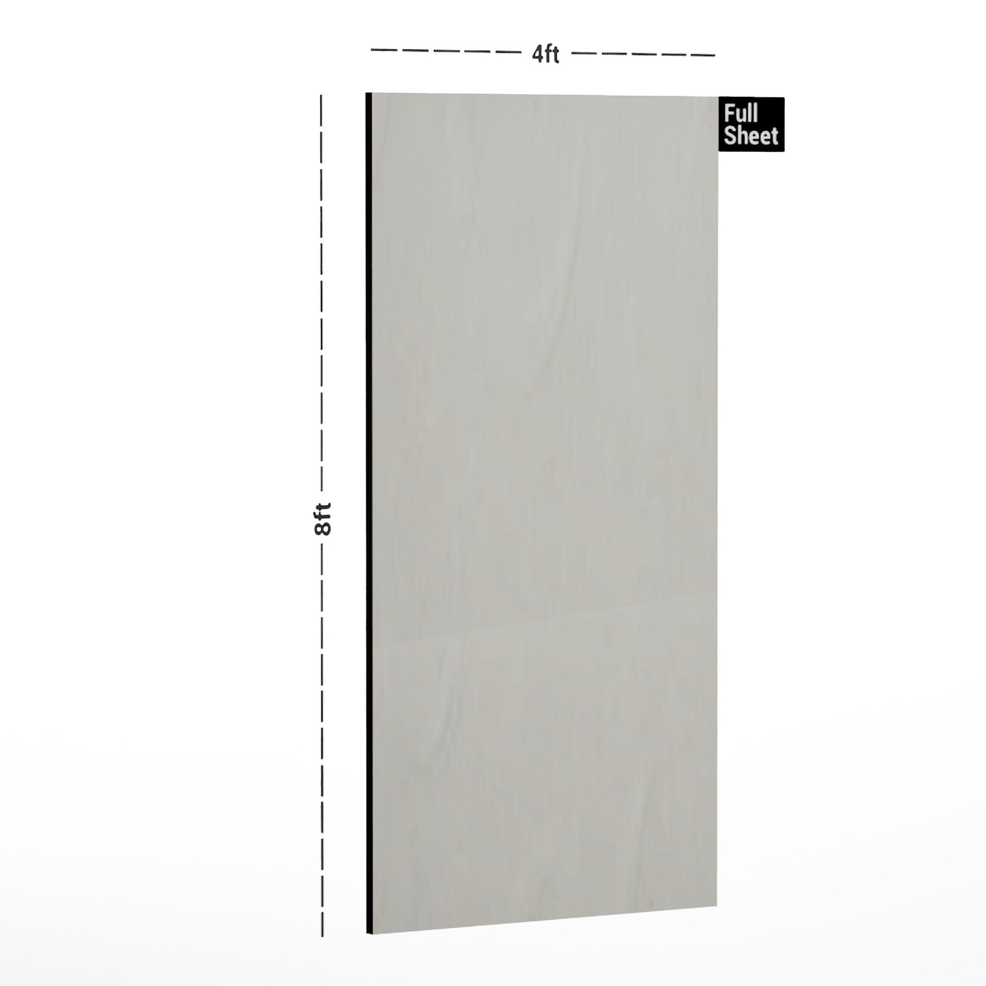 White plain laminate sheet with textured finish, 8x4 ft size, shown full sheet with dimensions marked.