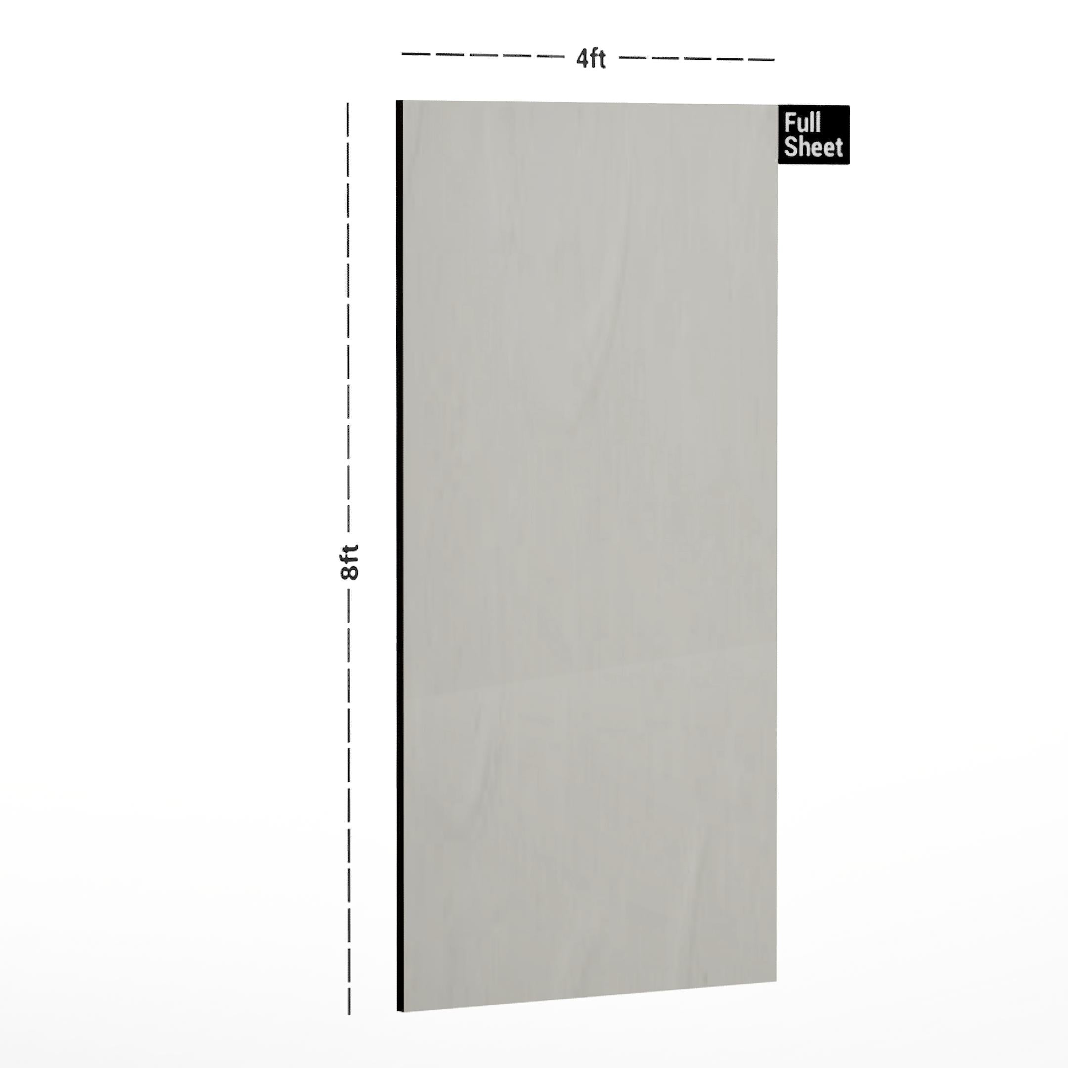 White plain laminate sheet with textured finish, 8x4 ft size, shown full sheet with dimensions marked.