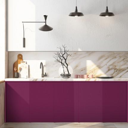 Pink suede laminate kitchen cabinet with matte finish and plain color, used in modern interior design with marble countertop