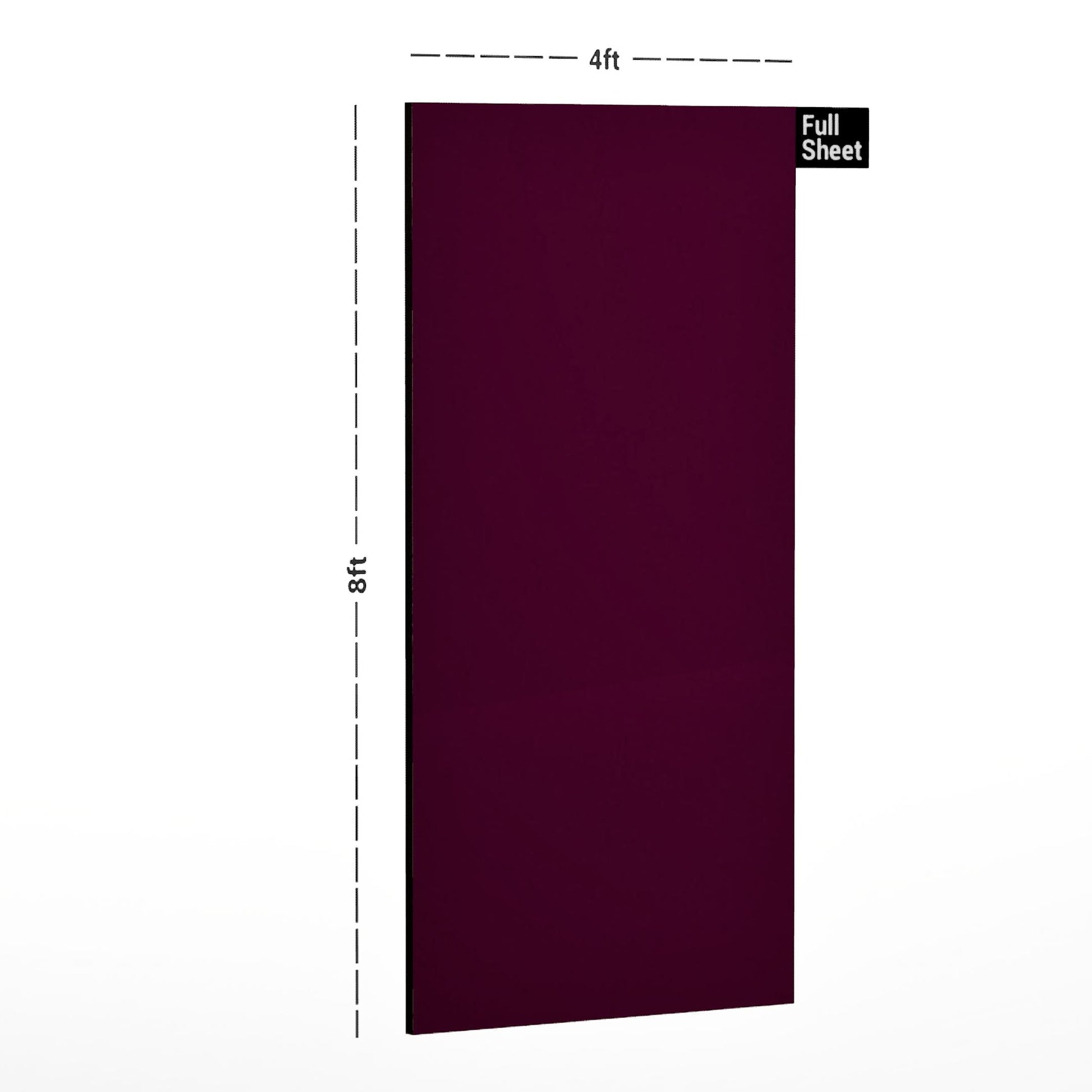 Deep pink plain laminate sheet 8x4 ft with suede finish and dimensions labeled on white background