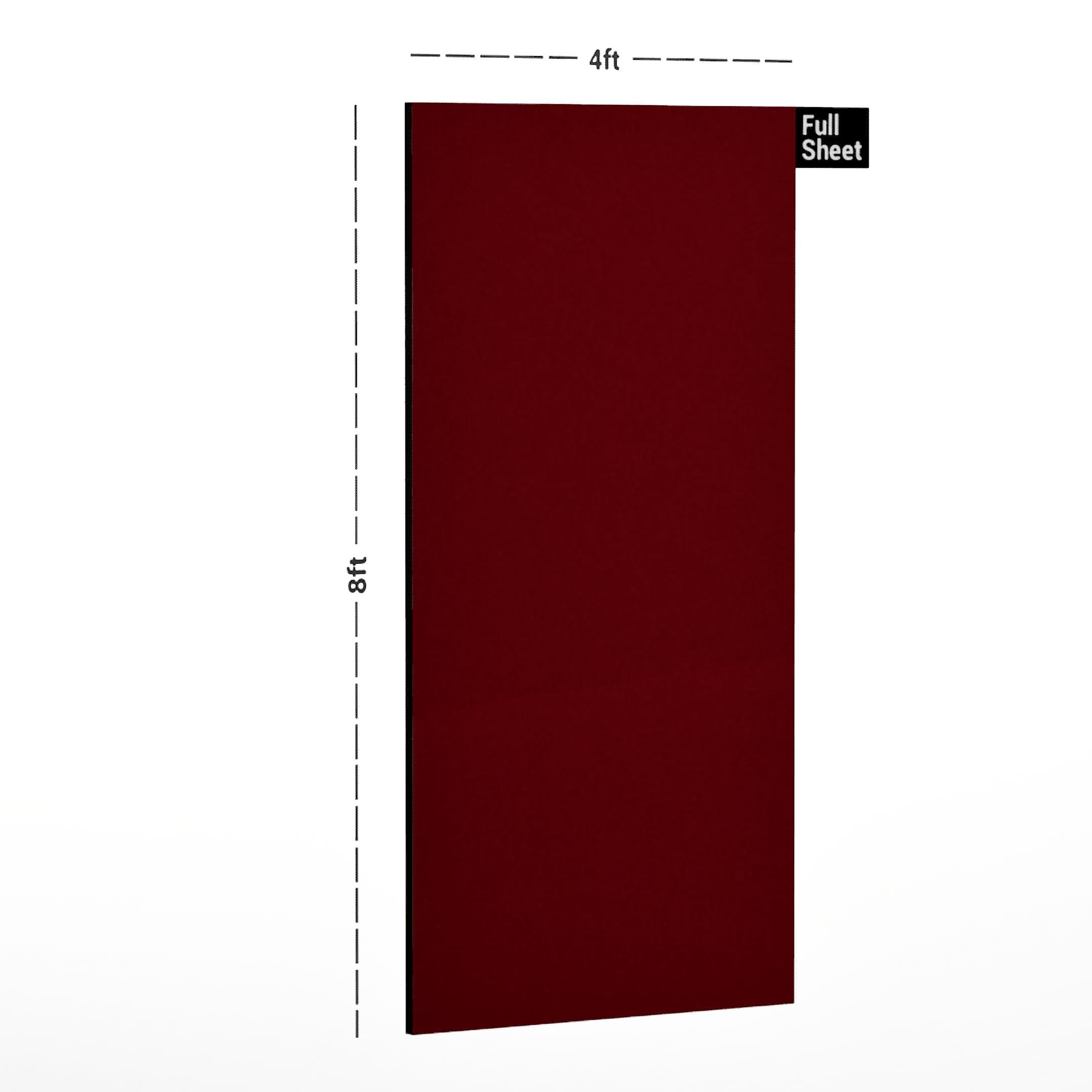 Red plain laminate sheet with suede finish, 8x4 ft size, shown in full sheet illustration with dimensions.