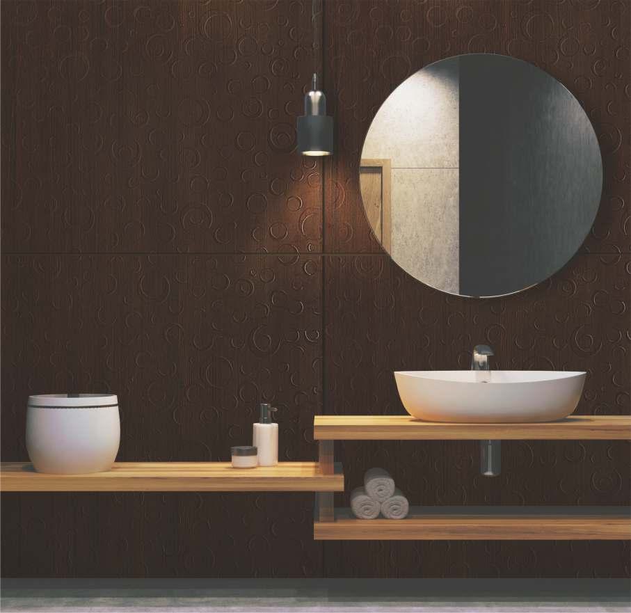 Dark brown textured laminate wall with embossed circular pattern in modern bathroom setting with wooden shelves and white