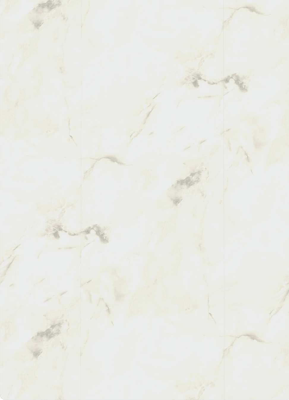White marble laminate with grey veining and high gloss finish, showing a stone pattern with subtle texture and reflective