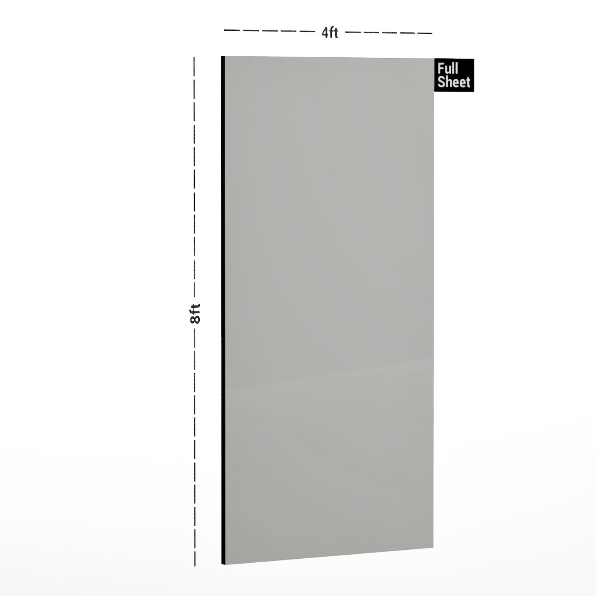 Grey plain laminate sheet with suede finish, 8x4 ft size, shown with dimensions and labeled Full Sheet.