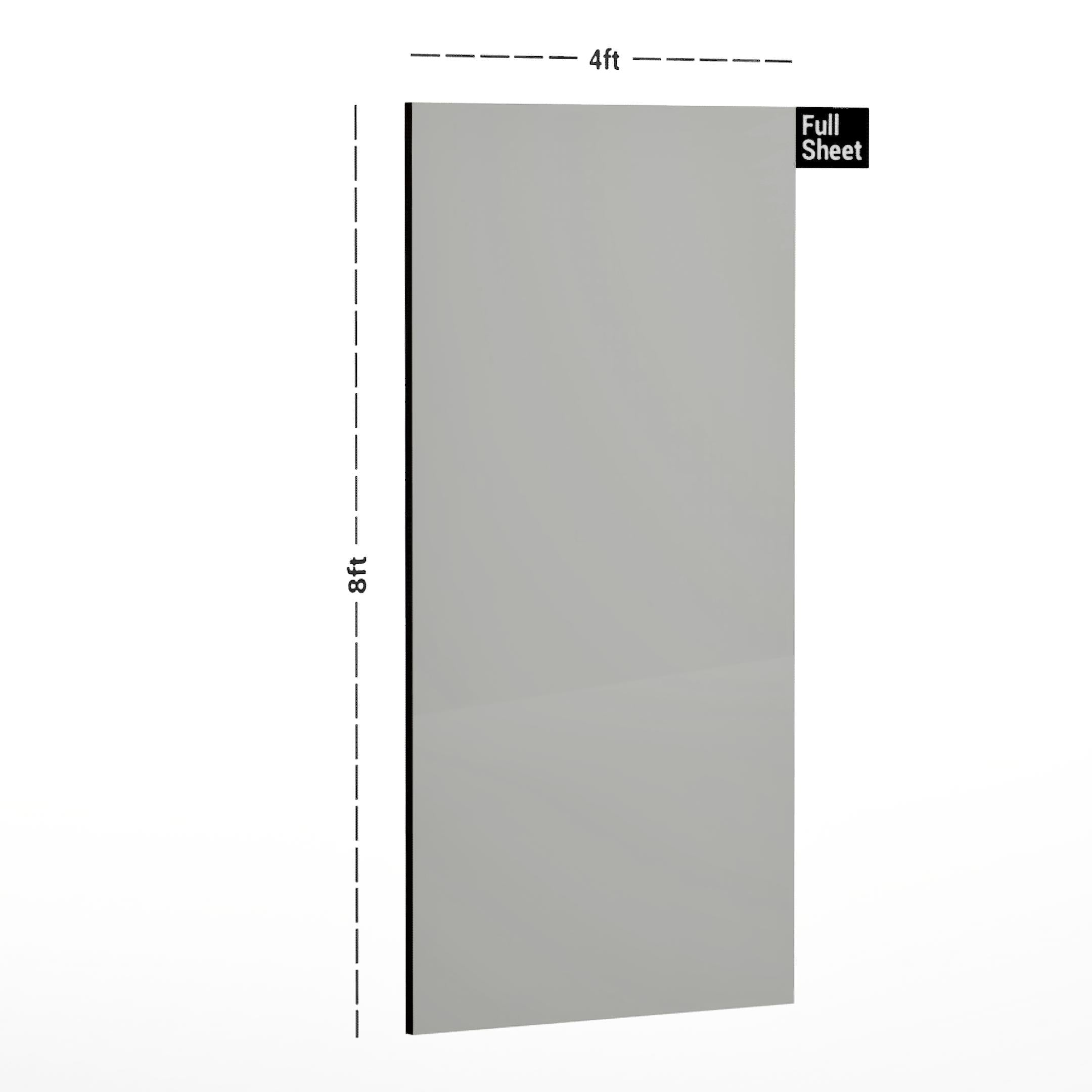 Grey plain laminate sheet with suede finish, 8x4 ft size, shown with dimensions and labeled Full Sheet.