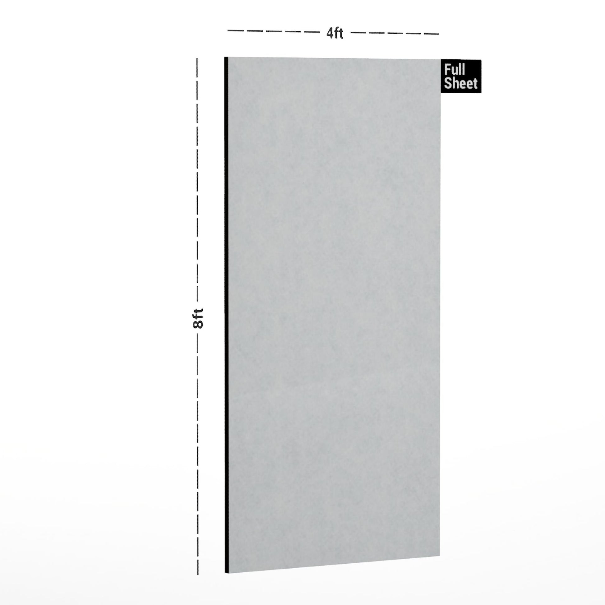 White plain laminate sheet with suede finish and subtle texture, displayed with dimensions.