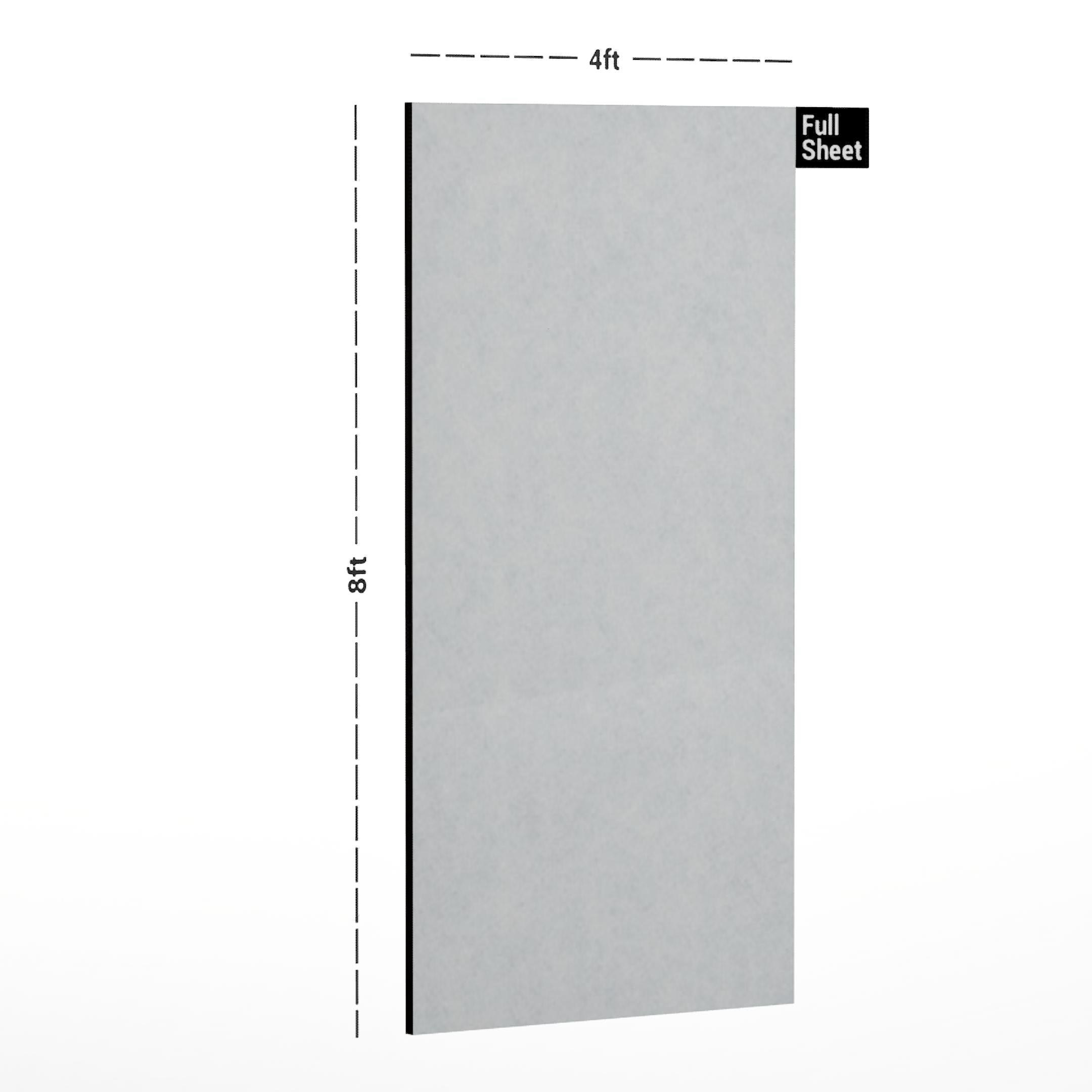 White plain laminate sheet with suede finish and subtle texture, displayed with dimensions.
