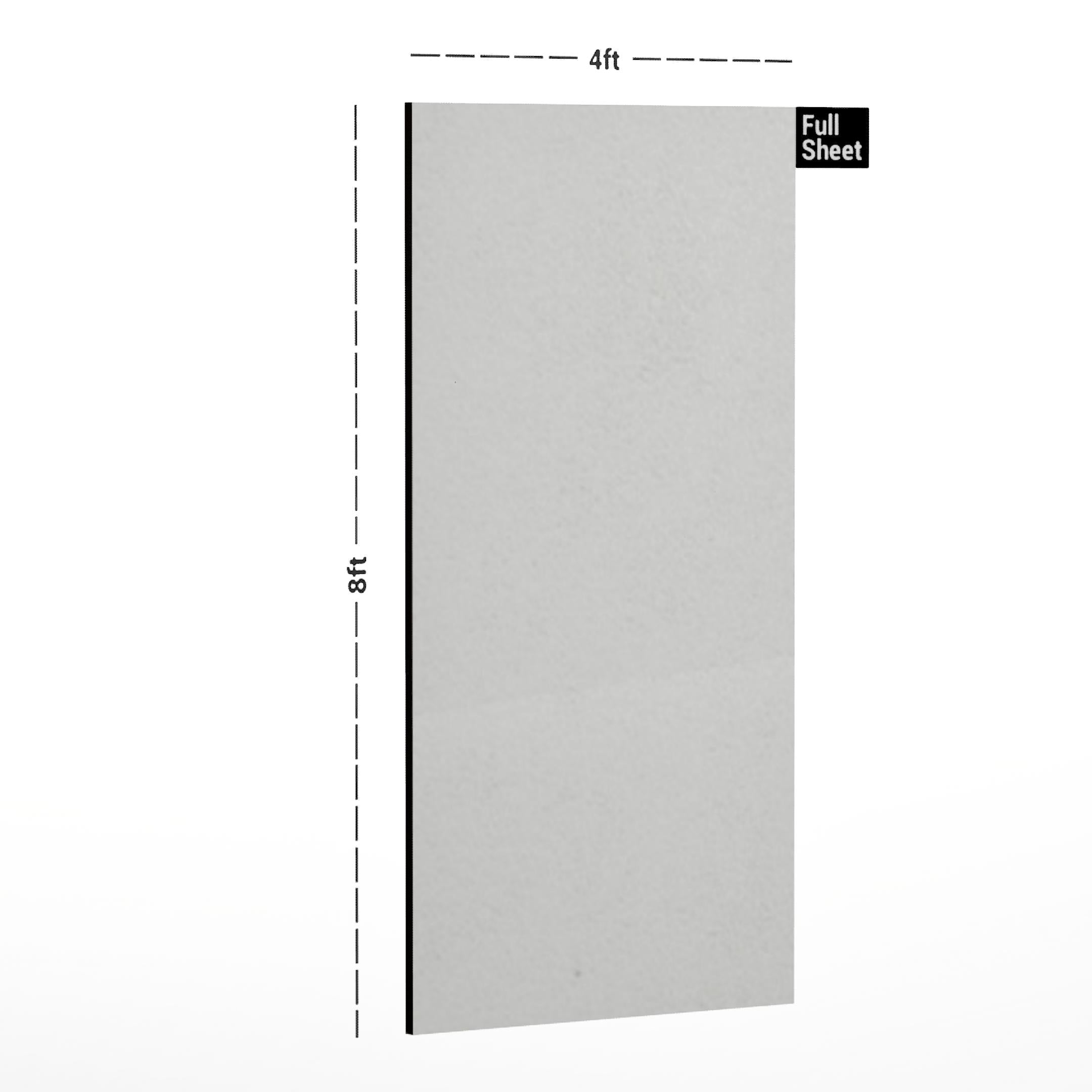 White plain laminate sheet with suede finish, 8x4 ft size, shown with dimensions and labeled Full Sheet.