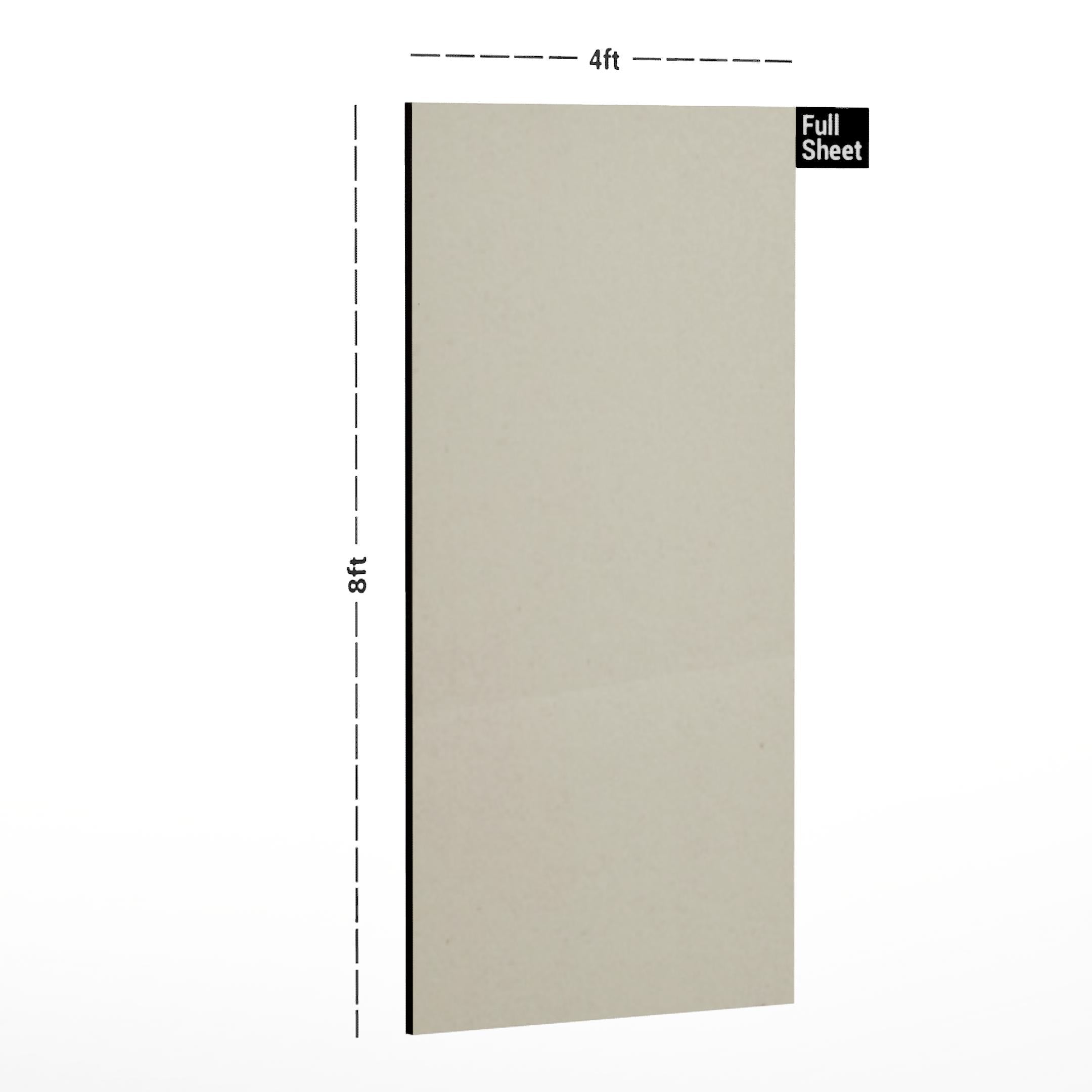 Ivory plain laminate sheet with suede finish and smooth texture, 8x4 ft size displayed with dimensions.