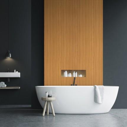 Brown wood laminate with suede finish and wood grain texture on bathroom wall behind white bathtub