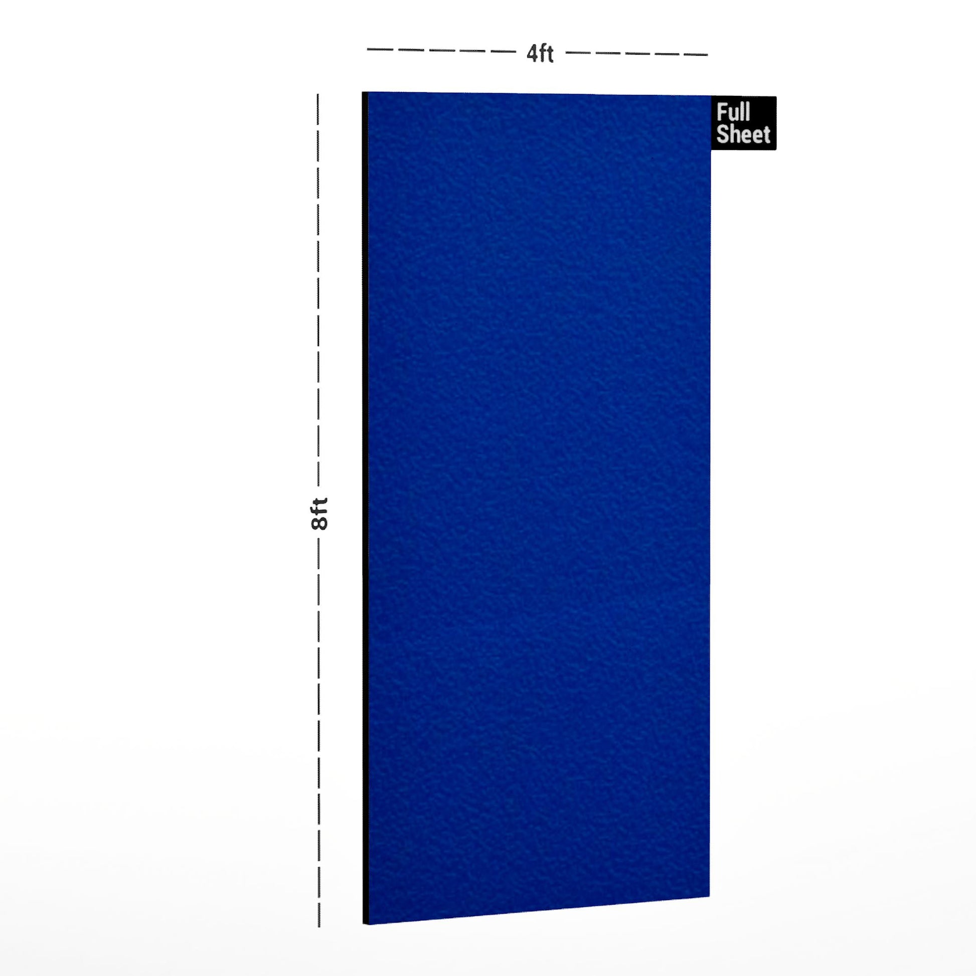 Blue suede plain laminate sheet with dimensions 8x4 ft displayed with measurements and full sheet label on white background.