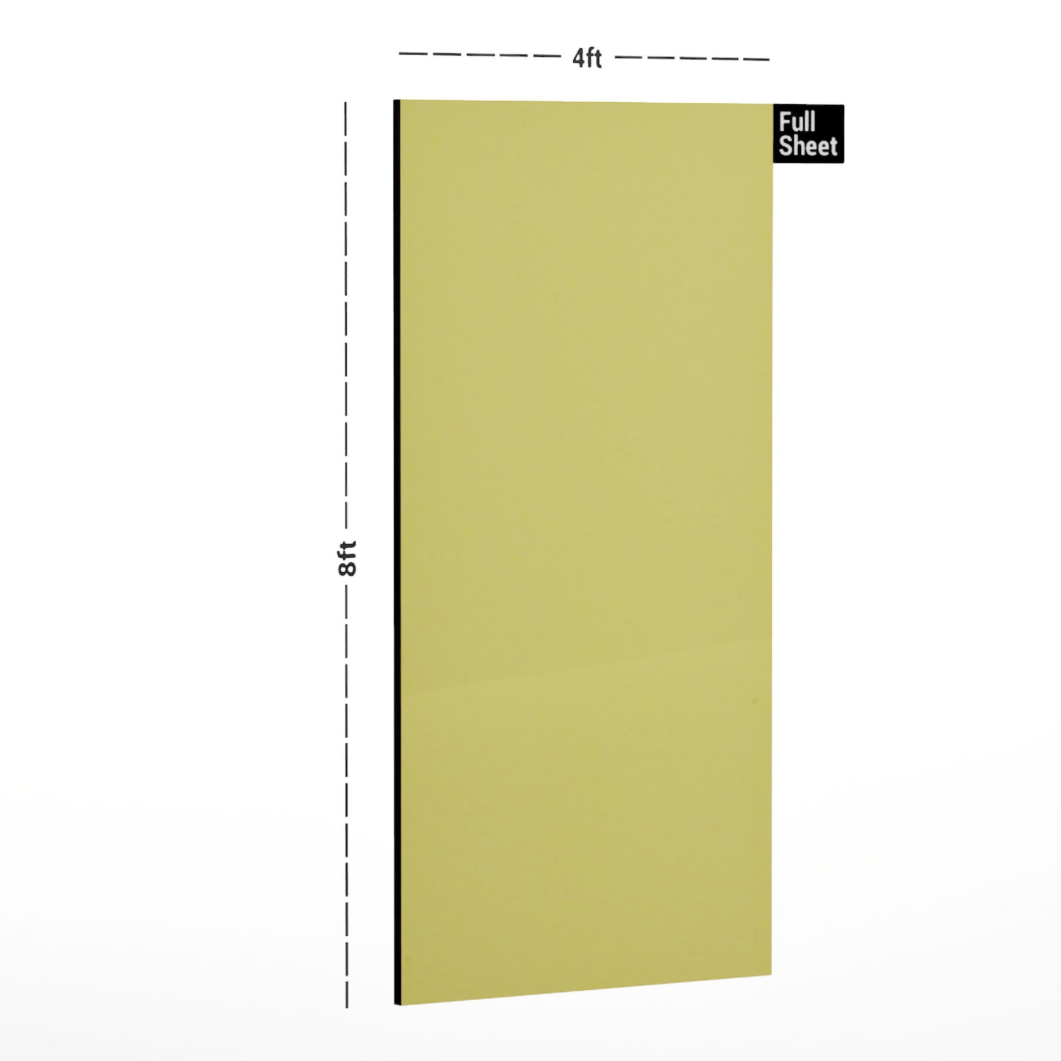 Yellow plain laminate sheet with suede finish, 8x4 ft size, shown with dimensions marked on a white background.