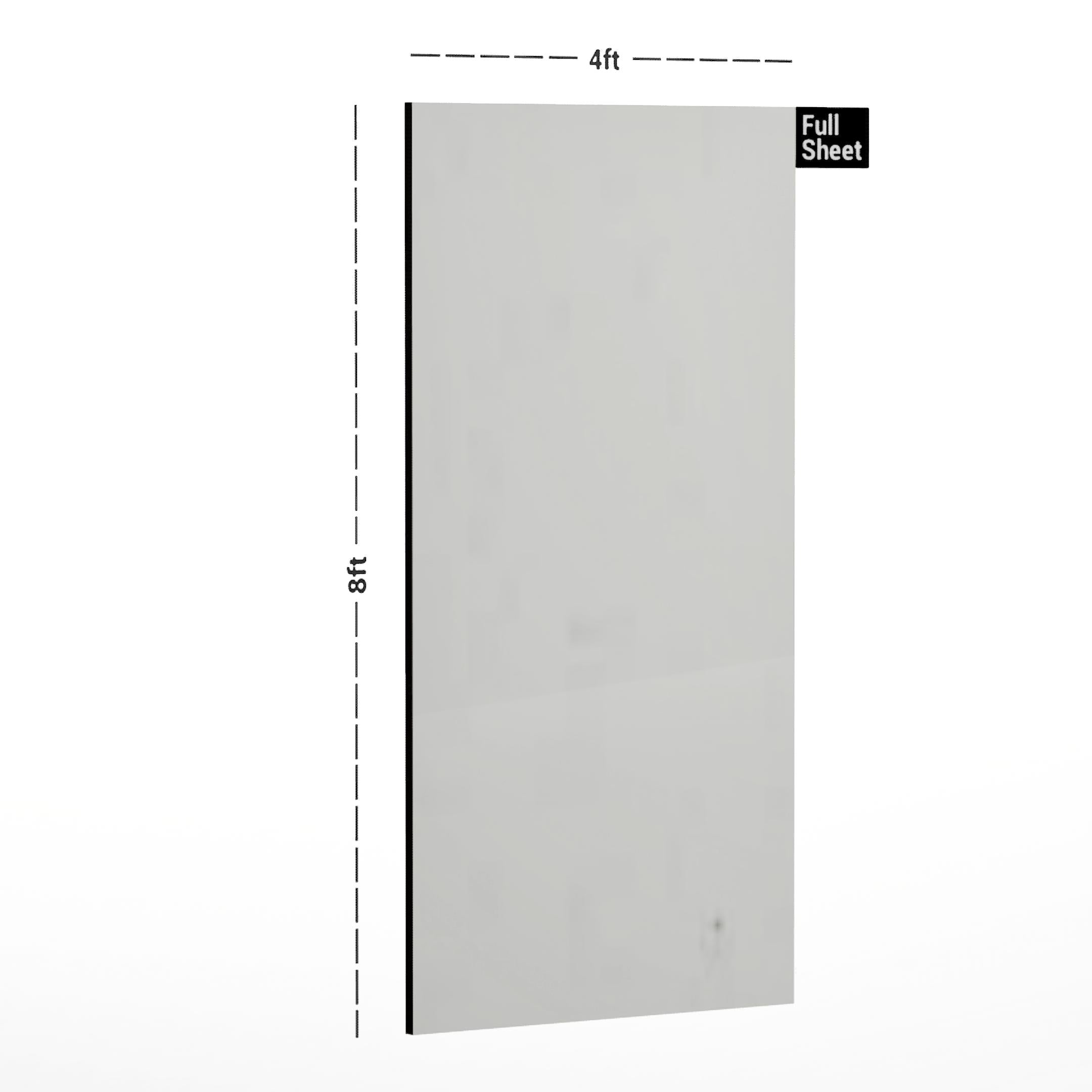 White suede finish plain laminate sheet with dimensions 8x4 ft displayed against a white background with measurement labels.