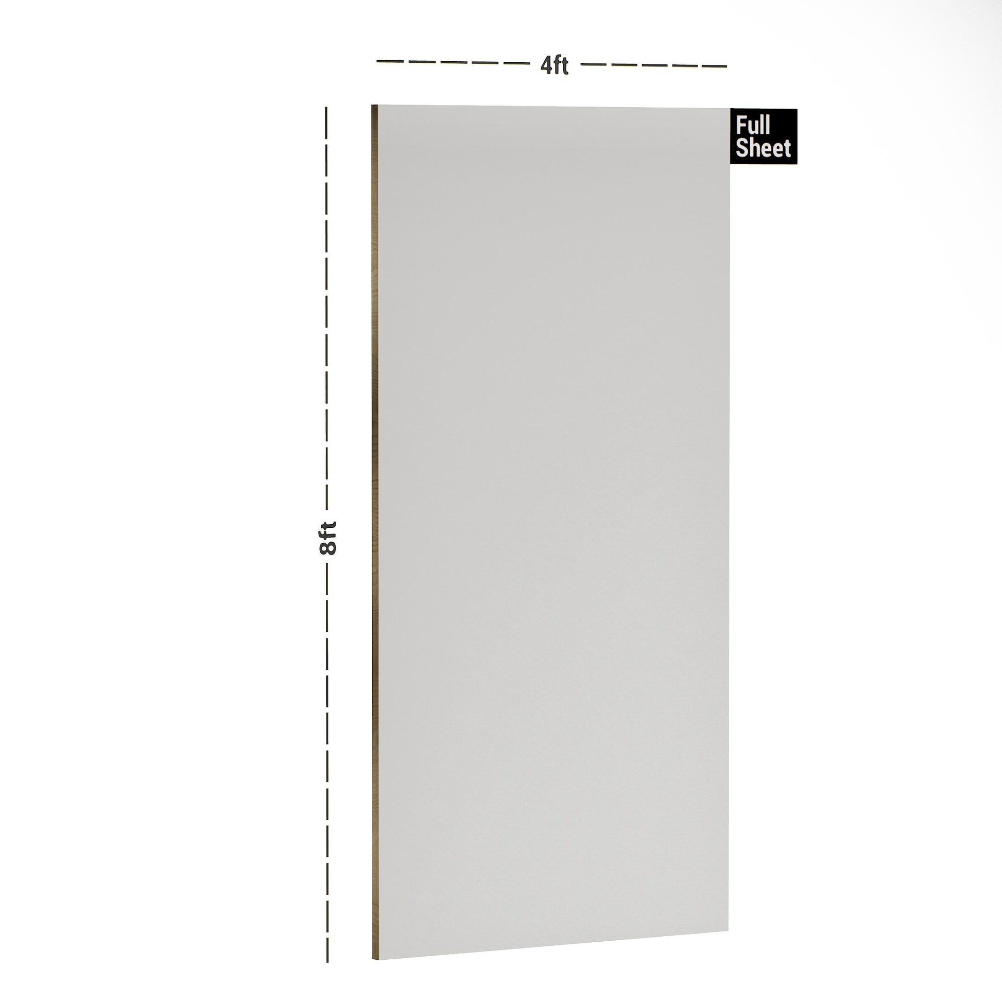 White plain laminate sheet with textured finish and brown edge, 8x4 ft size, shown with dimensions.