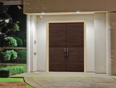 Brown wood laminate door with suede finish and wood grain texture in modern entrance setting