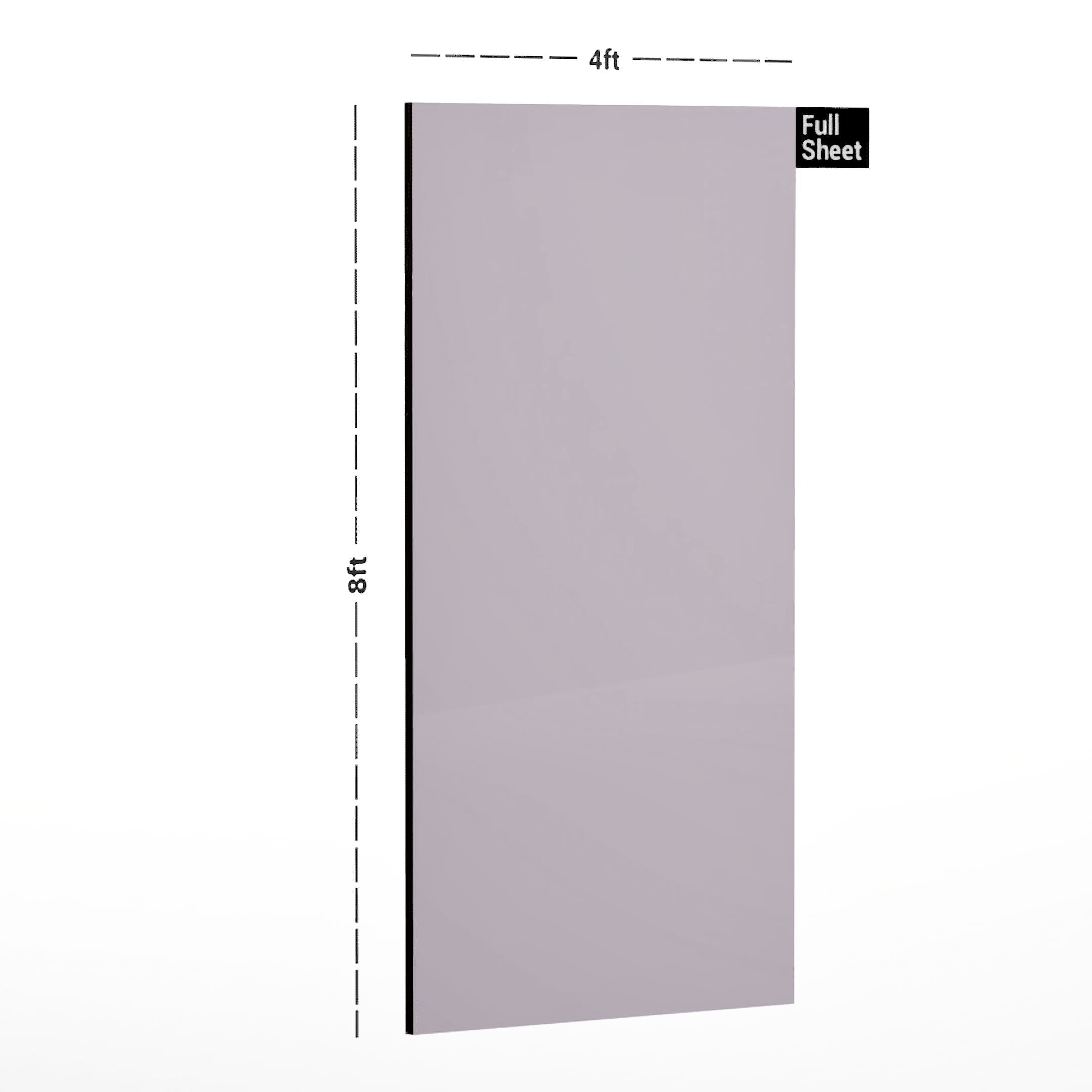 Light purple plain laminate sheet with suede finish, 8x4 ft size, shown with dimensions.