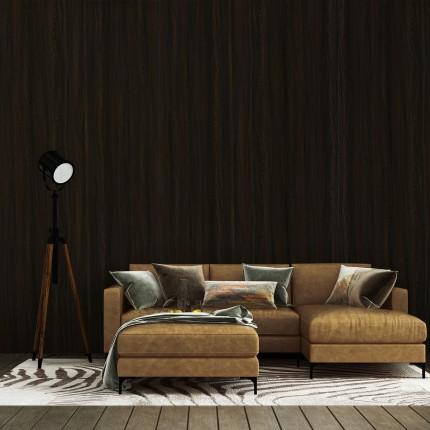 Brown wood laminate wall with suede finish and wood grain texture in a modern living room setting with furniture