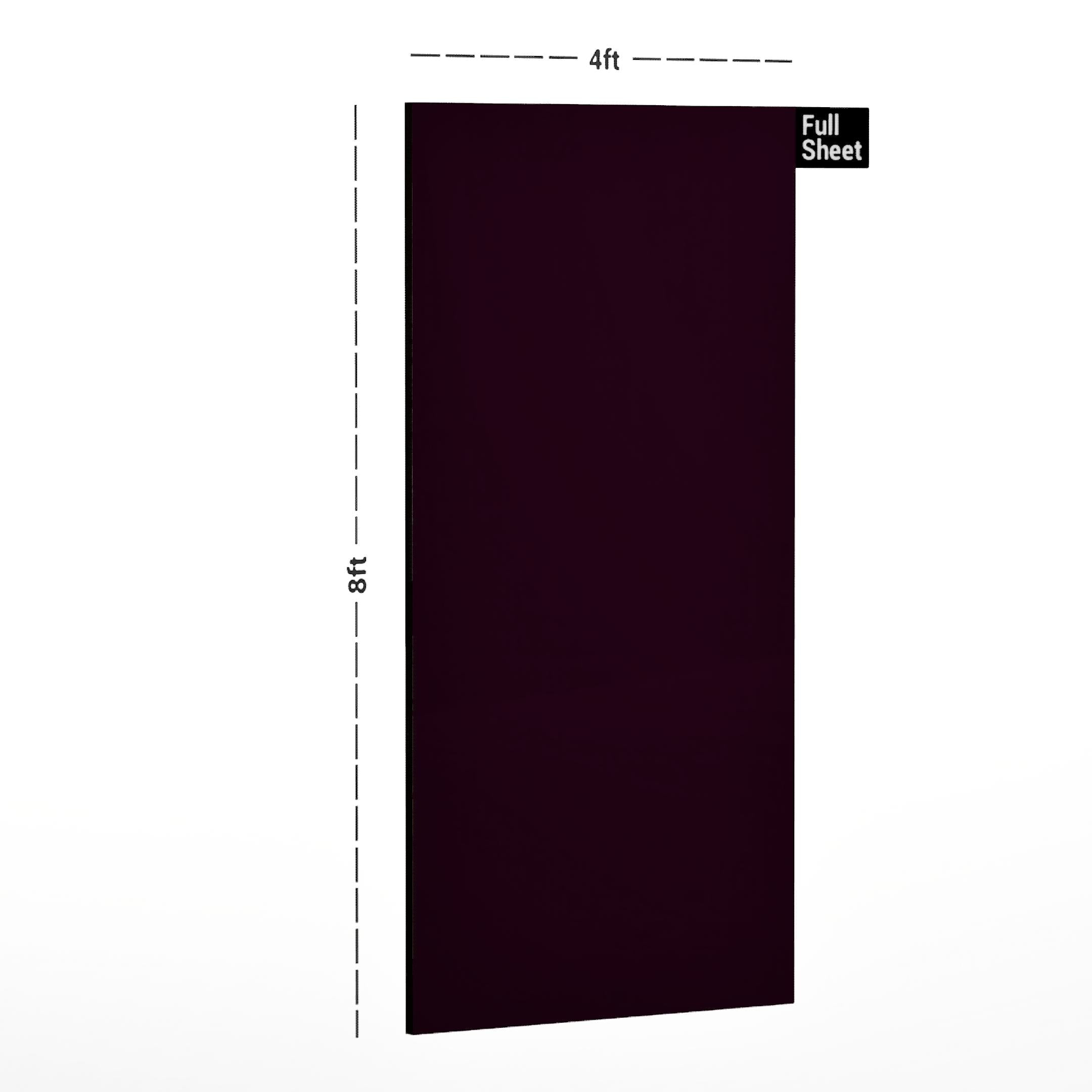 Purple plain laminate sheet with suede finish, 8x4 ft size, shown with dimensions and labeled Full Sheet.
