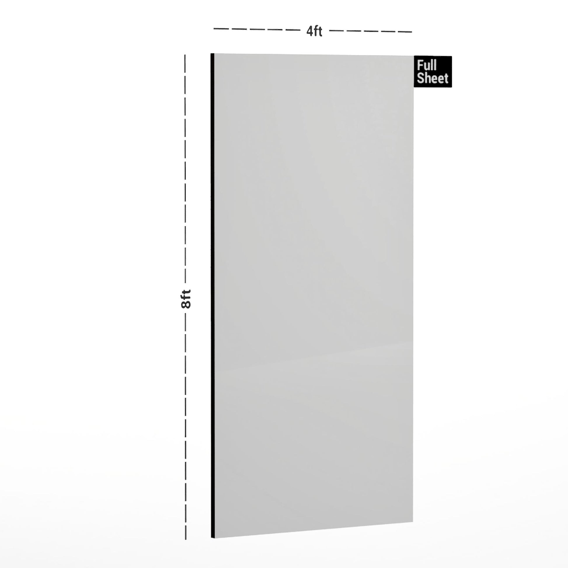 White plain laminate sheet with suede finish, 8x4 ft size, illustrated with dimensions and full sheet label.