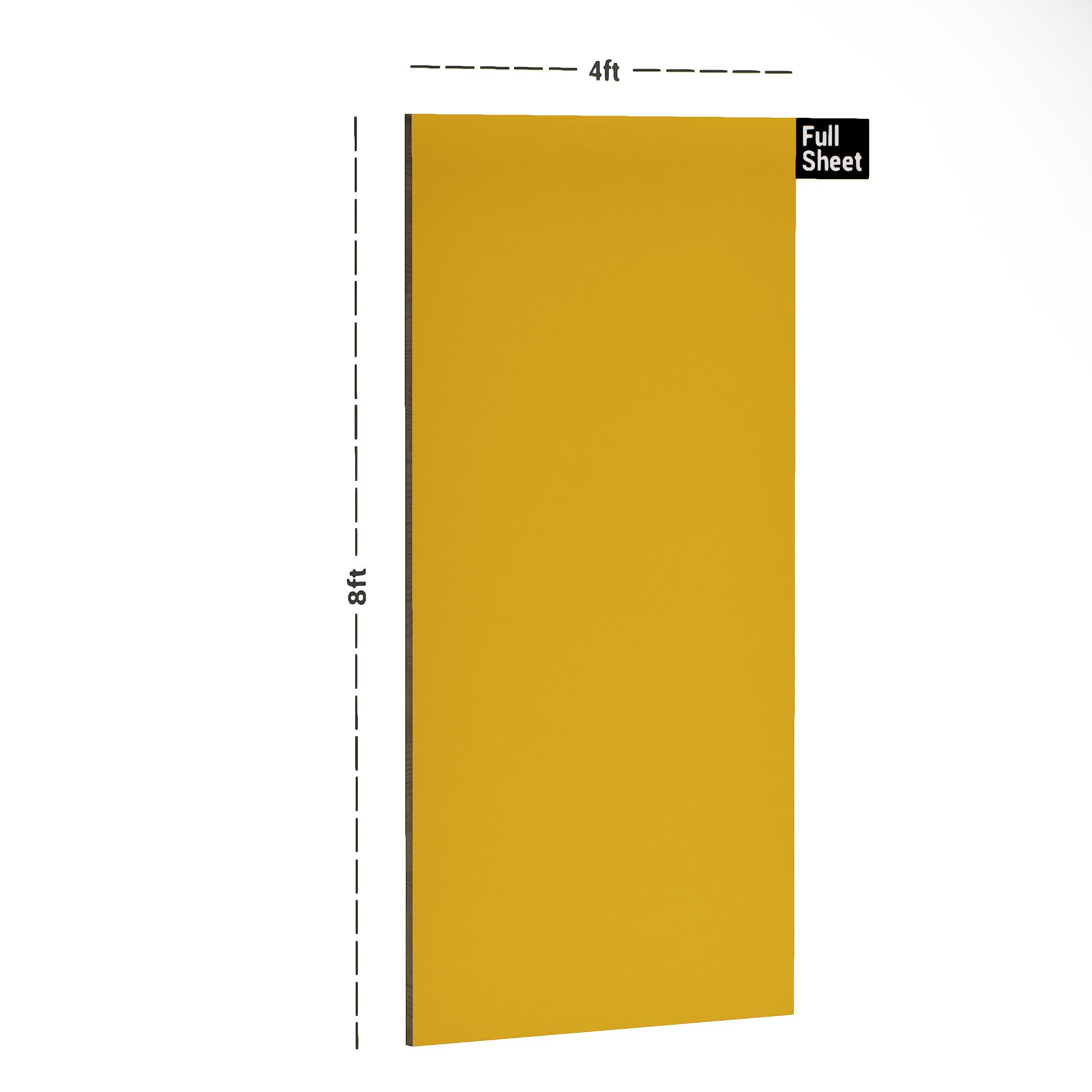 Yellow suede finish plain laminate sheet 8x4 ft with dimensions and full sheet label displayed.