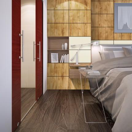 Brown wood grain laminate with suede finish in bedroom setting, showcasing textured pattern and warm tone on wall and floor