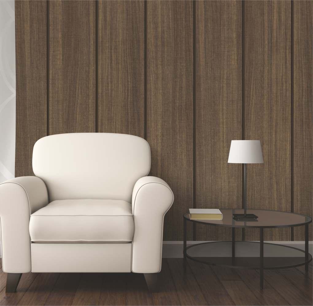 Wenge wood laminate wall with textured finish and wood grain pattern in a modern living room setting with furniture
