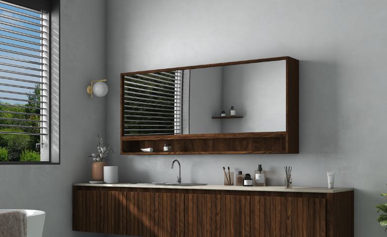 Brown wood grain laminate with suede finish and visible texture on bathroom vanity and mirror frame