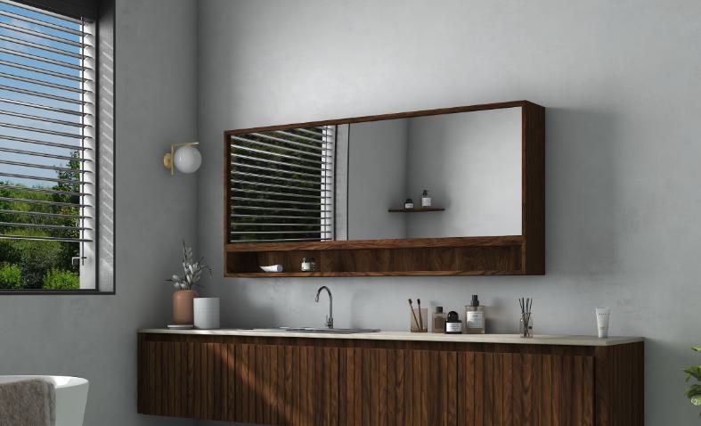 Brown wood grain laminate with textured finish and visible wood pattern on bathroom vanity and mirror frame