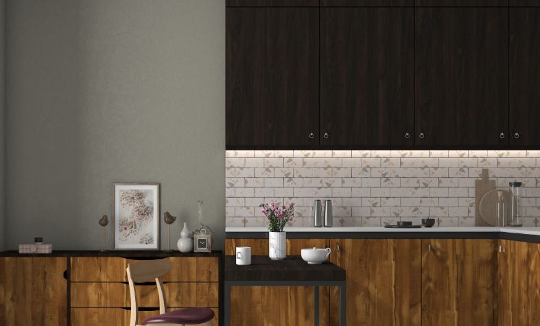 Brown wood laminate with wood grain texture and suede finish used in modern kitchen cabinetry and countertop design