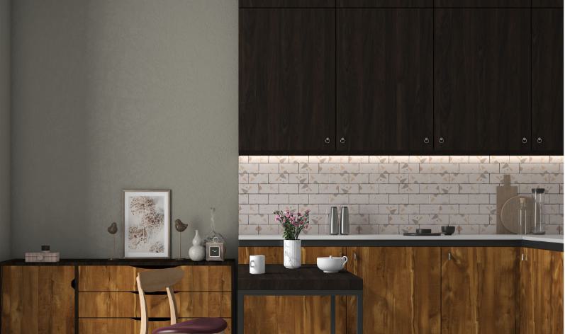 Brown wood laminate texture with visible grain, used in kitchen cabinets and counter, showcasing wood pattern and texture