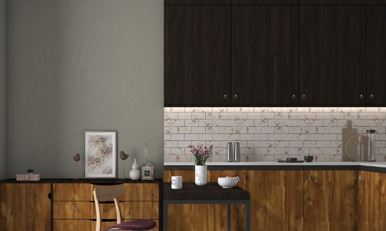 Brown wood laminate texture with visible grain, used in kitchen cabinets and furniture, showcasing textured finish and wood