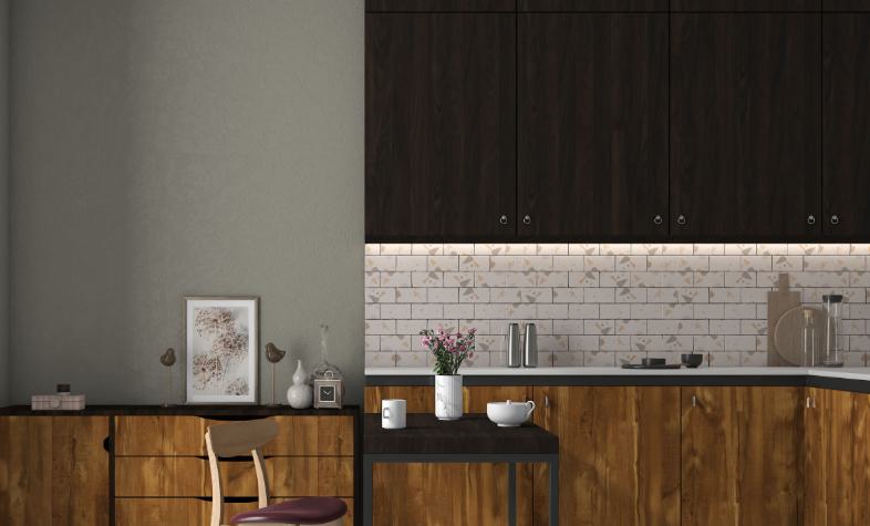 Brown wood laminate with wood grain texture and suede finish in a modern kitchen setting with dark cabinets and white
