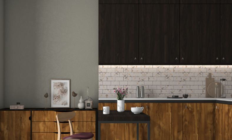 Brown wood laminate with textured finish and wood grain pattern in a modern kitchen cabinet and countertop setup