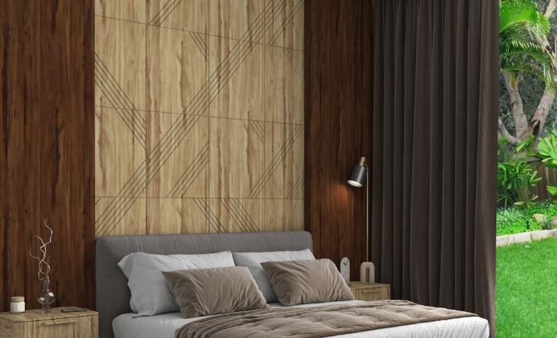 Brown wood laminate with textured finish and geometric pattern on wall behind bed in modern bedroom setting