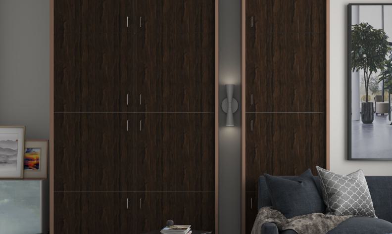 Brown wood grain laminate with textured finish on large cabinet doors in a modern interior design setting